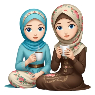 Turkish beautiful finish Konya girls blue eyes with floral Beauty hijab long tail dress and the two friends sits on the chair on the ground and holds cup coffe with her hand  sticker