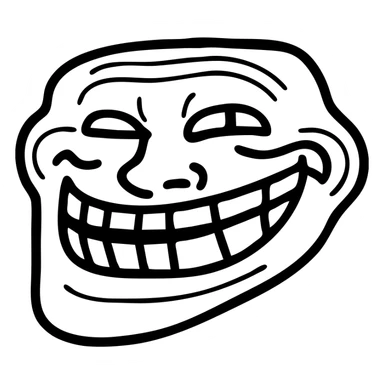 classic internet troll face, black and white, simple line art sticker