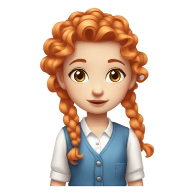 a Small girl with saturated orange hair that is curly and long but with a smaller pony tail on the said with a pink heart hair clip. blue eyes. A white button down shirt and pink cardigan over the top sticker