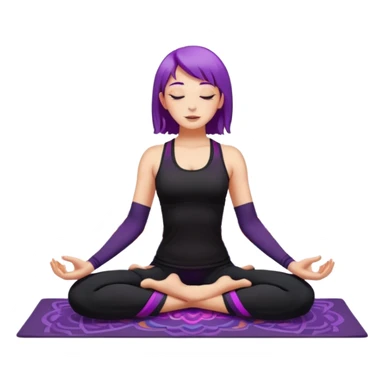 A young woman with purple hair doing yoga in the camel pose (Ustrasana), wearing a black sports outfit, minimalistic background with mandala pattern and colorful stars, soft lighting, peaceful atmosphere, digital illustration style. sticker