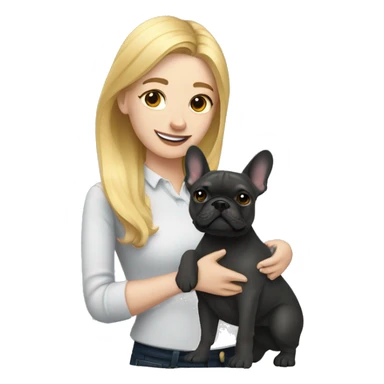 golden blonde woman with hugging dark gray french bulldog sticker