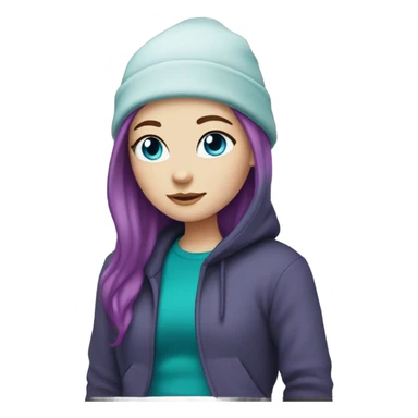 White girl, blue eyes, long teal hair, purple beanie hat, black hoodie sticker