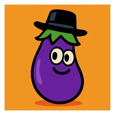 eggplant with a black hat on top, cartoon style sticker