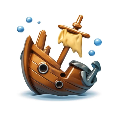 3D iPhone style emoji of a sunken shipwreck, metallic and wooden parts broken, lying underwater, surrounded by small bubbles, no trees, isolated on white background, soft shadows, high detail, playful and cute. sticker