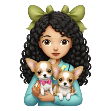 a girl light to medium tan skin with olive skin tone Long black curly hair cut butterfly carrying a white chihuahua dog with a cute ribbon sticker