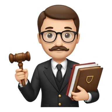 “Create a clean, modern emoji-style illustration of a male lawyer. He is wearing a formal suit jacket. He is holding a judge’s gavel in one hand and has a law book tucked under his arm. He has a mustache and a short beard, and he is wearing glasses. sticker