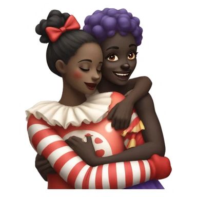 Dark skin girl hugging a clown, clown has on clown makeup, red nose,  sticker
