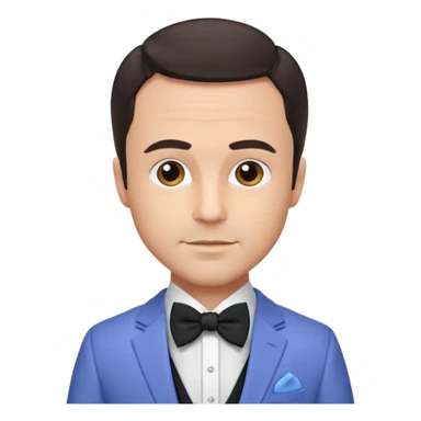 Freddie Prinze Jr with dark brown hair, periwinkle suit with bow tie sticker