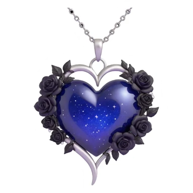 gothic heart made of midnight blue glass with a silver crescent moon, tiny black roses, shimmering stardust, wrapped with a silver chain sticker