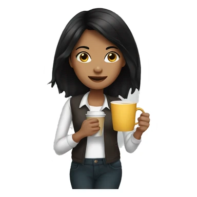 girl with black hair with cup coffee sticker