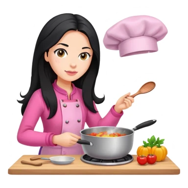 Long black hair girl with caucasian skin is cooking in pink clothes sticker