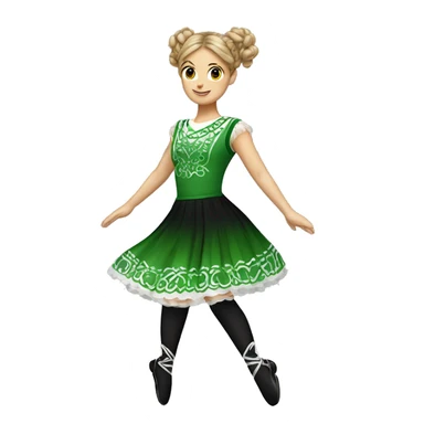 Draw an Irish dance in a solo dress with a bun wig wearing hard shoes and a solo dreas sticker
