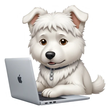 A busy white dog typing on a laptop looking stressed and overwhelmed sticker