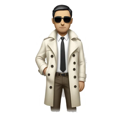 <excerpt>
A white man with real short Black hair, short mutton shops donning small red tinted sun glasses in a dirty white trench coat, is serious.
</excerpt> sticker