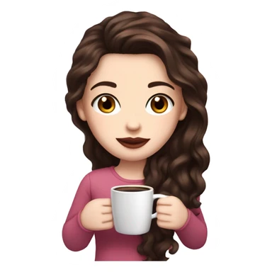 Super white Pale skin, dark brown wavy long hair , pink lips , pink cheeks, holding coffee, cozy sticker