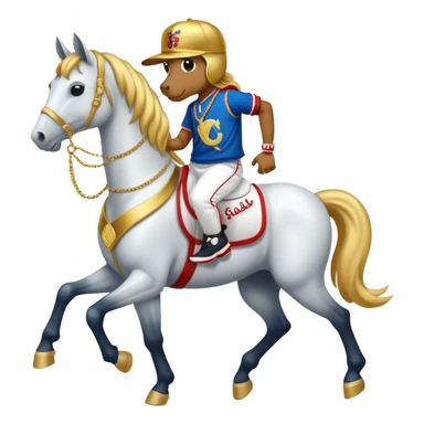 anthropomorphised horse dressed like a member of RUN DMC, hip-hop outfit, gold medal, baseball hat sticker