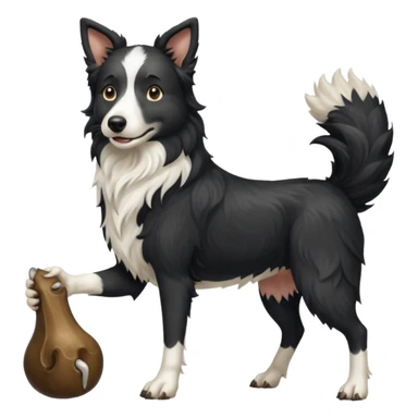 A black and white border collie werewolf, standing on her hind legs, holding a cow's hoof. sticker
