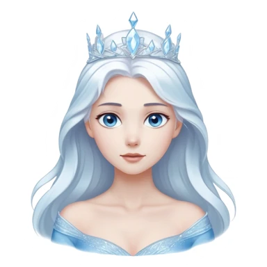 Cinematic Serene Snow Queen Portrait Emoji, rendered in a simplified vector style. Depict a gentle Elsa (chest and above) with delicate icy skin, softly cascading platinum hair, and calm, reflective blue eyes, dressed in her classic ice-blue gown. The image exudes a soft, luminous frosty radiance with high shine and a subtle glowing outline. sticker