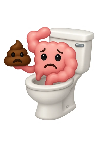 emoji stile iphone di un intestino che esce dal wc con in mano una montagnetta di feci con espressione triste a palline sticker