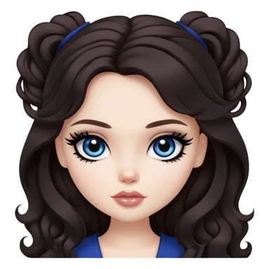 pretty bratz baddie, dark brown hair, black eyeliner, pale skin, dark brown clong wavy hair, dark blue  eyes sticker
