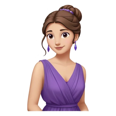 Femme aux longs cheveux bruns relevés en chignon lâche, robe violette fluide inspirée de la Grèce antique, regard en coin et sourire malicieux, style animation Disney sticker