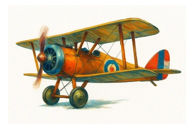 Самолет времен Первой Мировой, слегка рисованный, но объемный стиль, яркие цвета, прозрачный фон sticker