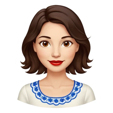 Confident 40-year-old woman with healthy glowing skin, round cheeks, warm smile, expressive light brown eyes, red lipstick, wavy dark brown shoulder-length hair, summery white top with blue embroidery and electric blue neckline sticker