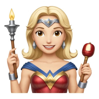 Blonde Wonder Woman holding short white orchestra conductor’s baton and bell sticker