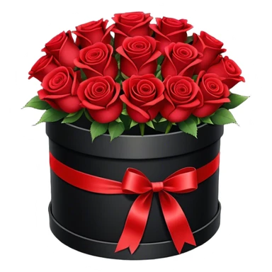 bouquet of 15 red roses in round black box with a red ribbon tied around the box sticker