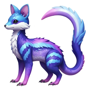  Hyper-realistic Shiny iridescent glossy oily smooth silky soft White with indigo-Violet-purple-pinkish-gradient markings beautiful handsome gorgeous aesthetic colorful vibrant Vernid-Trico-species-Fakemon-creature by LiLaiRa, 4 legs, 1 tail, random markings, (full body) sticker