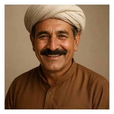 Pashtun man wearing a turban, shalwar kameez, mustache, warm smile, neutral background sticker