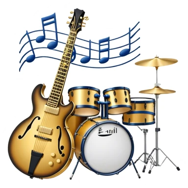 Create an elegant and artistic emoji that represents music arrangement and orchestration. The design should feature musical notes, a set of piano keys, a drum set, and an electric guitar to symbolize the diverse elements of orchestration and arrangement. Include a conductor's baton to emphasize the role of a conductor in bringing all the instruments together. Use a mix of rich colors like gold, silver, and deep blue for sophistication, and add flowing lines to represent the harmony between different instruments. The background should be transparent. sticker