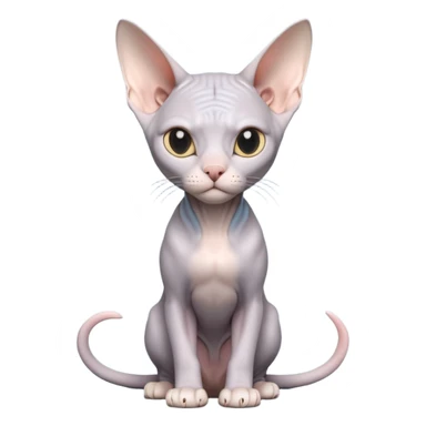 A 3D cartoon silver-gray Sphynx cat with smooth skin, gentle expression, elegant pastel lighting, cinematic Memoji rendering. full body or half body. sticker