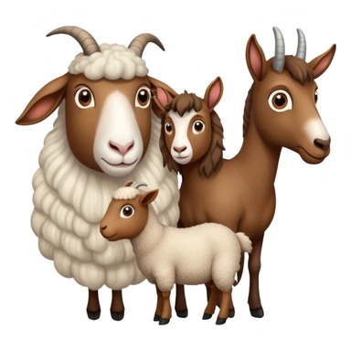 Icon for Domestic Hooved Animals: A gentle collage featuring a brown goat with large, curious eyes, a calm sheep with soft wool and a horse with a flowing mane. Background with a green pasture and a few hay bales. Transparent background. sticker