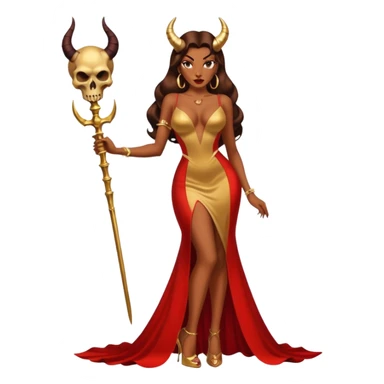 Sexy, playboy woman brown courtly hair seductress devil horns gold long dresss with slit, Jessica rabbit style holding a skull  sitting on top of gold wearing tall platform heels sticker