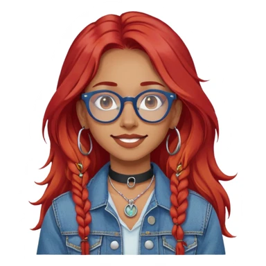 young woman with long red hair, blue glasses, septum ring, choker, denim jacket, neutral smile, olive white skin sticker