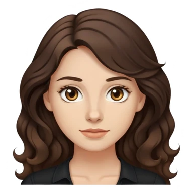 27 year old Caucasian woman with fair skin, brown eyes, long wavy dark brown hair, wearing a black top with a button sticker