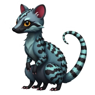 Rare warm-colored exotic edgy cute epic aesthetic spooky dark gothic colorful Genet-Salandit-Civet-species-Fakemon-hybrid-creature, with beautiful intricate markings, full body sticker