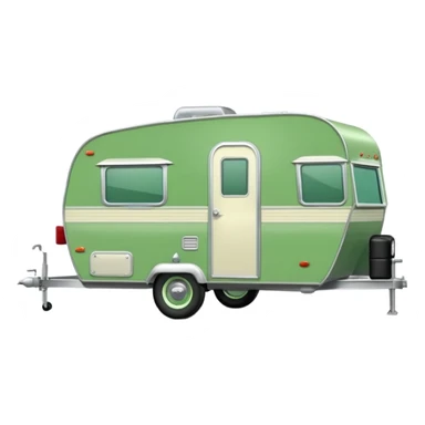 1960s Shasta trailer, single axle wheels, colored all green, the same green shade as movie trailer green preview card, light grey tires and grey hitch sticker