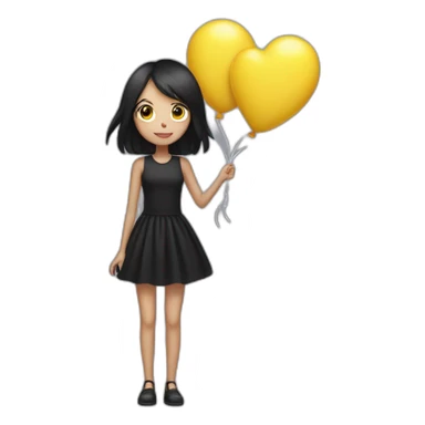 a thin girl with black straight hair, black dressed in a short dress, holds in her hands balloons in the shape of black and yellow hearts sticker