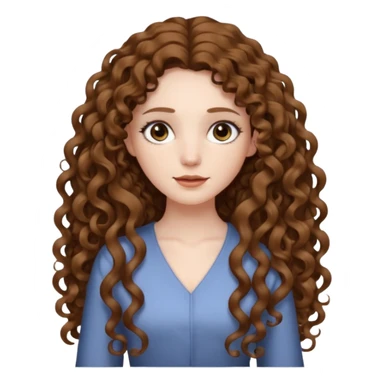 pale woman with brown curly very long hair, middle part. the hair is very very very very very very long, waist length, but you can't see her waist sticker