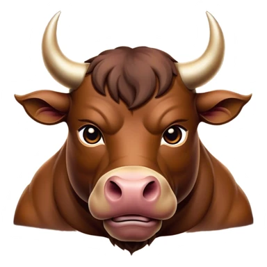 Cinematic Noble Brown Bull Portrait Emoji, Poised and regal, with a massive, muscular build and a sleek, well-groomed rich brown hide, deep-set soulful dark eyes, Simplified yet sharp and sophisticated features, highly detailed, glowing with a soft, dignified glow, high shine, intelligent and formidable, stylized with an air of strength, focused and attentive, soft glowing outline, capturing the essence of a watchful and confident guardian, so majestic it feels as though it could charge out of the screen with effortless authority! sticker