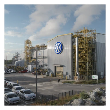 Realistic Volkswagen factory exterior, large industrial building with Volkswagen logo, parking lots filled with cars, factory grounds with machinery and equipment, realistic lighting and shadows, industrial atmosphere, workers in uniforms walking around, camouflage colors sticker