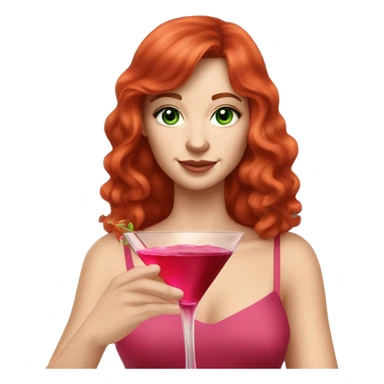 White caucasian woman in her 20s with red layered hair and bangs green eyes freckles wearing a red dress and holding a pink martini glass sticker