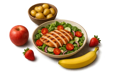 insalate con petto di pollo grigliato e bowl di patate cotte poggiate per terra e frutta fresca, iperrealistico 4k sticker