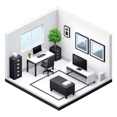 An isometric 3D room with two white walls that meet at the back left and right and a single Window. Black and White Home Office Room sticker