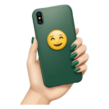 white iPhone in dark green case, back view, female hand with nude manicure holding the phone, emoji style sticker