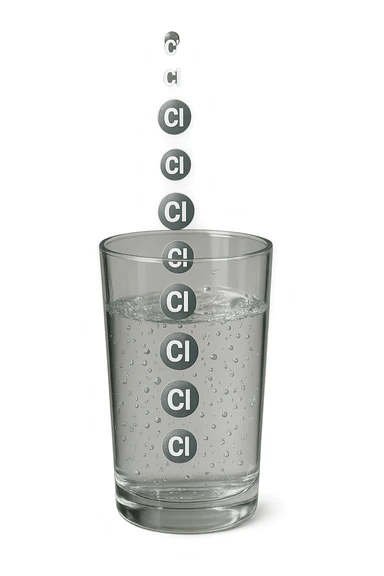 un bicchiere di acqua cade verticalmente dall'alto realistico e dettagliato, dentro l'acqua del bicchiere ci sono particelle di cloro ben visibili con la scritta "Cl" sopra, ci sono particelle anche che escono dal bicchiere e fluttuano in aria verticalmente, mentre alcune sono all'interno dell'acqua nel bicchiere, iperrealistico 4k sticker