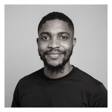 A professional portrait of me in monochrome. Plain black crew neck shirt. Tailored to LinkedIn. Tech boy vibe (programmer). I’m a black man from Nigeria. Retain facial features from attached image. Make face smoothie and healthy. No accessories. Light gray background to make subject more visible. sticker