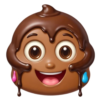 Funny cartoon chocolate mini pastry, crazy wide eyes, messy chocolate dripping, smiling distorted face, chibi style, Twitch emoji style, transparent background, colorful sticker